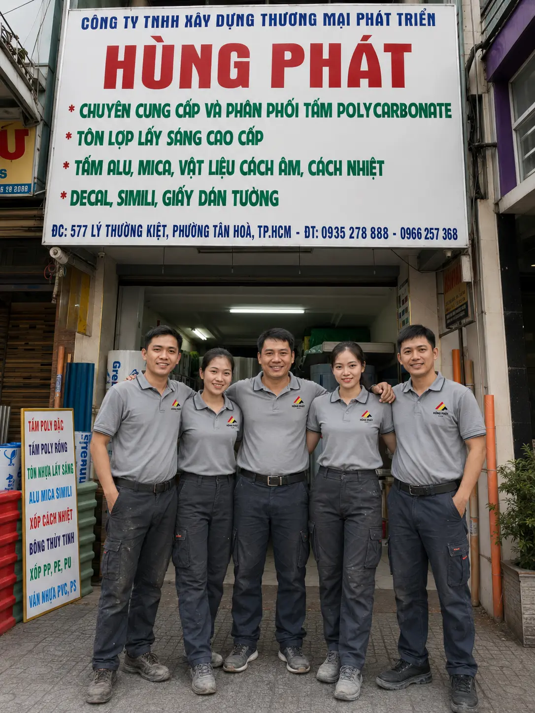 Cửa hàng và đội ngũ Hùng Phát — tấm lấy sáng, tấm poly tại TP.HCM